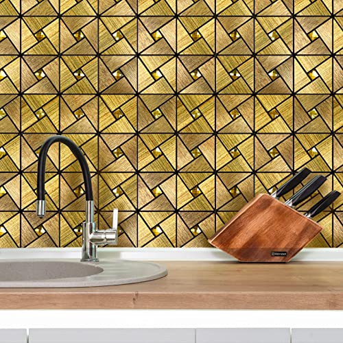 Homeymosaic Peel And Stick Backsplash Tile For Kitchen Bathroom Countertops Fireplace Contact Metal Wall Stickers Decor Windmill Puzzle Glass Mixed(10 Sheets,Wood Grain Gold) #TOP6