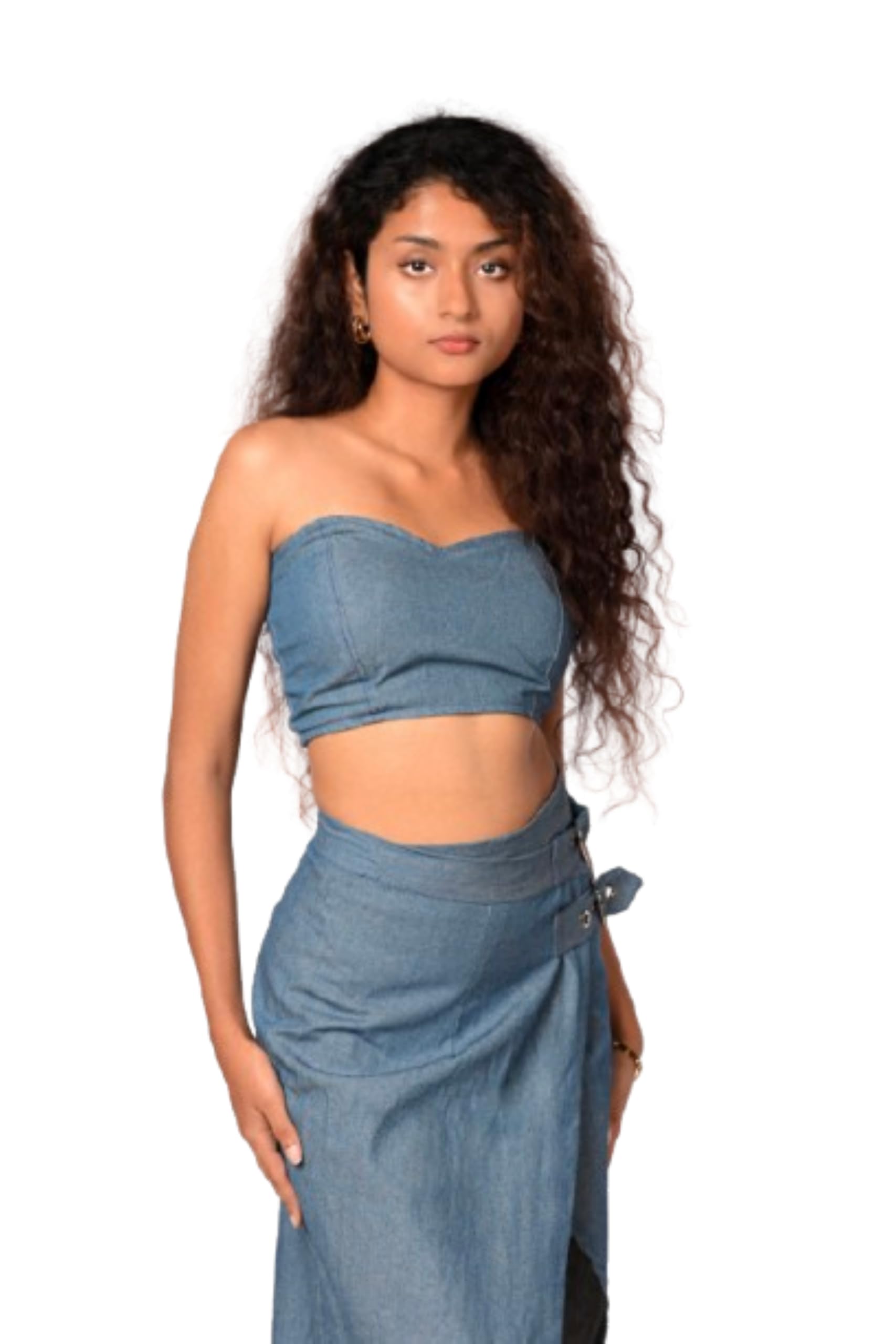 Women's Light Blue Denim Lace-Up Corset Bandeau Crop Top-image-38