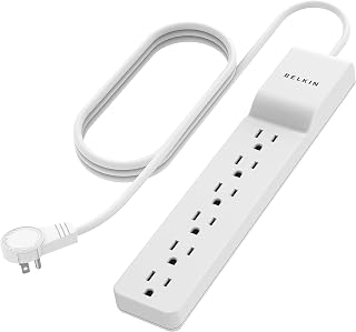 Power Strip, Belkin Surge Protector 6 AC Multiple Outlets, Flat Rotating Plug, 6 ft Long Heavy Duty Extension Cord for Home, Office, Travel, Computer Desktop & Charging Brick, White (1080 Joules)