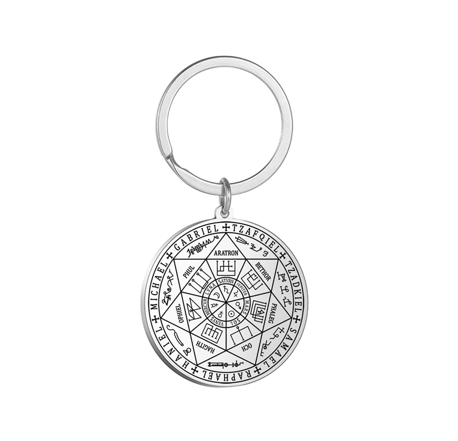 SIPURIS Keychain for Men Women,The Seal of The Seven Archangels Keychain Stainless Steel Seal Solomon Kabbalah Key Ring Talisman Protection Jewerly (Sliver)