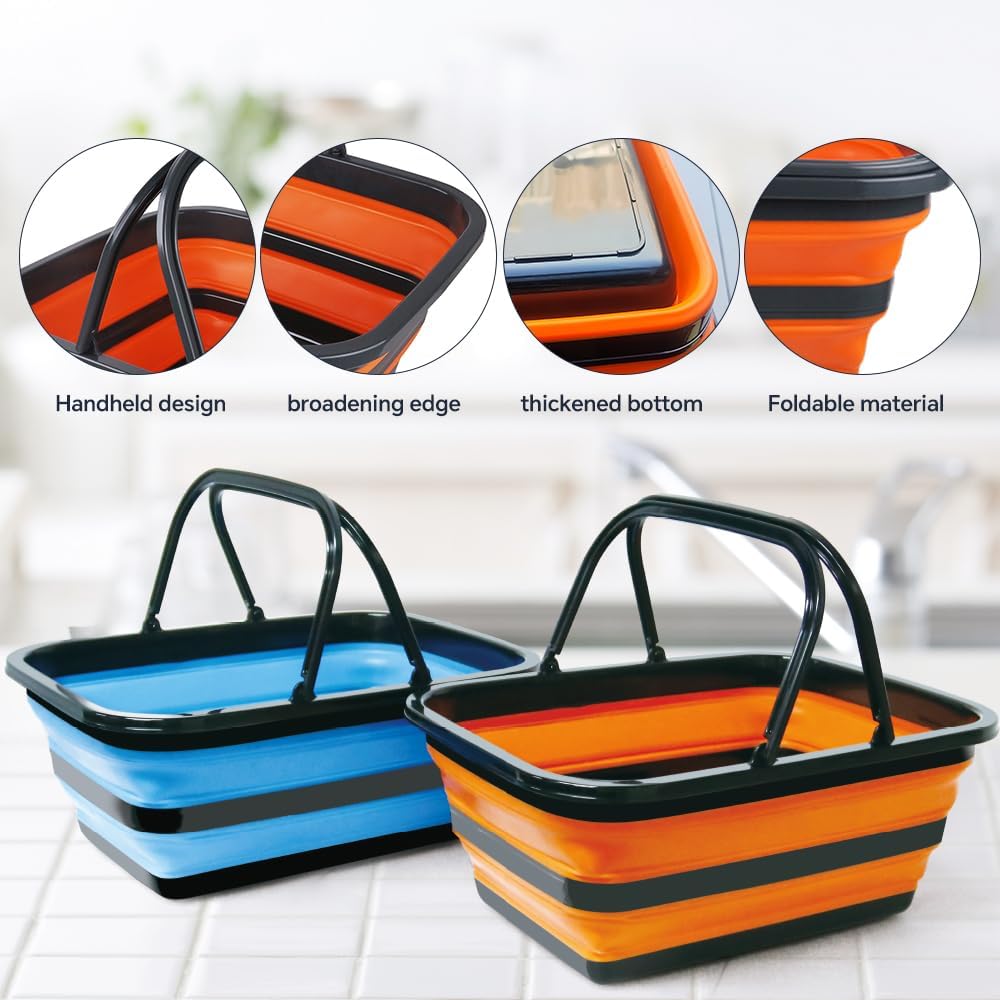 Monozuki 2 Pack Collapsible Sink Picnic Basket with Handle 4.8 Gal/18.1L Bucket for Cleaning Camping Essentials Space Saving Outdoor Portable Bucket for Camping (Grey+Khaki)