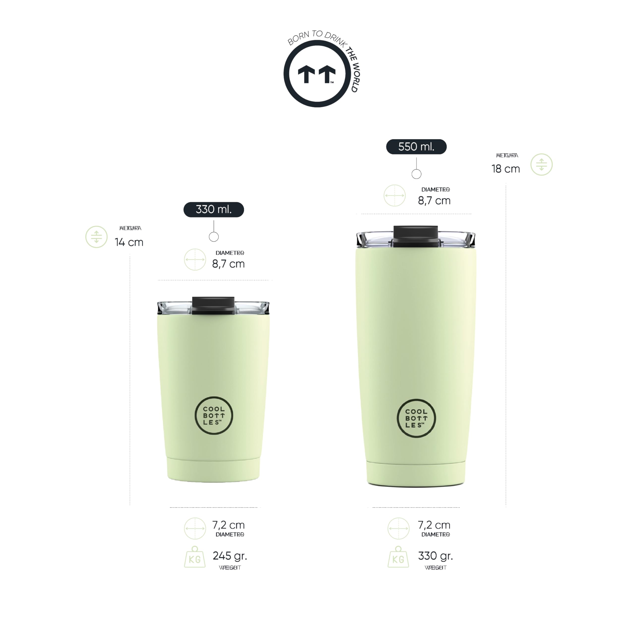 Cool Bottles - Tumbler - Bicchiere Termico in Acciaio Inossidabile - 330 ml - Pastel Green - Tazza da Caffè - Coperchio Ermetico - Bevande Fredde 10 ore e Calde 5 ore - Finitura Antimacchia