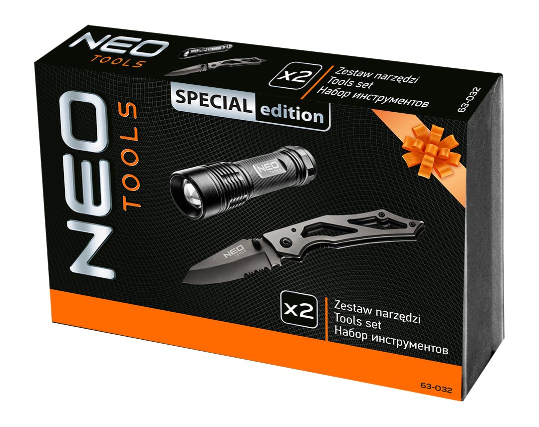 NEO TOOLS Zestaw prezentowy: narzędzie kieszonkowe, składany nóż na kemping, wędrówki, survival; łącznie z latarką 200 lumenów, wydanie specjalne, pomysł na JEDEN Ges