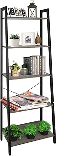 ECOMEX 5-Tier Ladder Shelf Industrial Style Shelf, Ladder Shelf Open Storage Rack Wood Ladder Shelf with Metal Frame, Freestanding Ladder Shelves for Home Office, Bedroom (Grey)