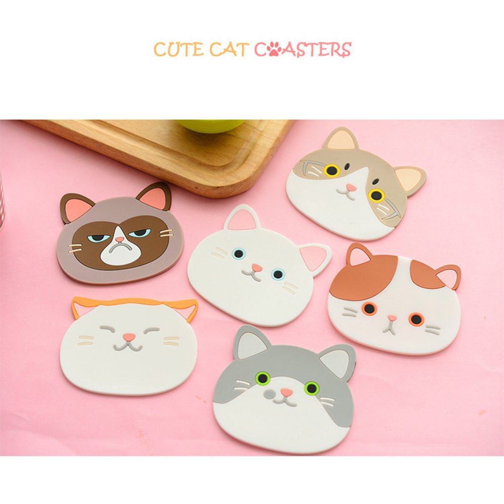 Set di 6 sottobicchieri carini, tappetini in gomma di silicone con musi di gatto, per tazze da tè, bicchieri di vino, idea regalo per la casa