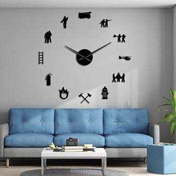 The Geeky Days Firefighter Giant DIY Large Wall Clock with Mirror Effect Wall Art Home Decor Frameless Big Time Clock WatchBlack