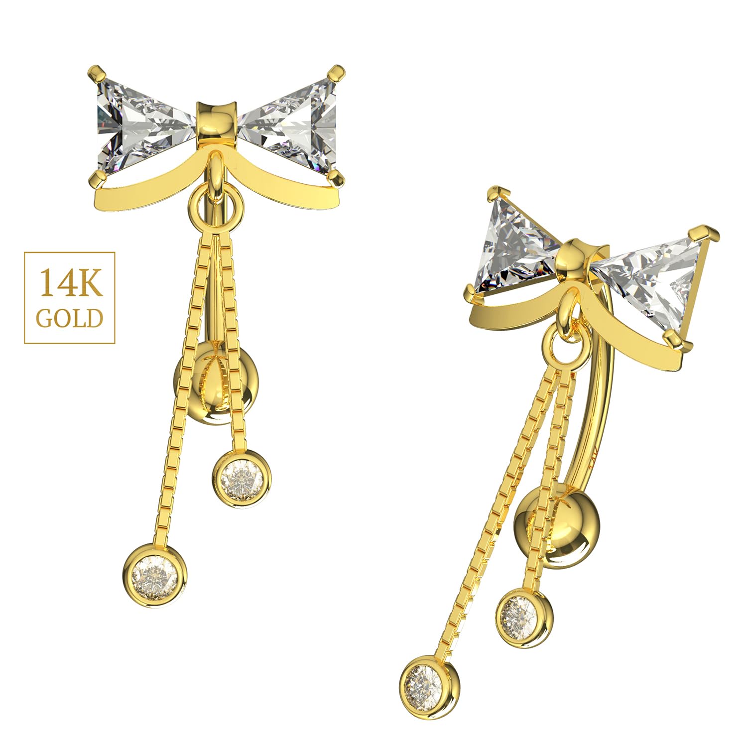 Piercing para ombligo de oro amarillo macizo de 14 quilates con circonita cúbica y cadena colgante, barra inversa para ombligo, joyería para ombligo de 14 quilates, calibre 14, 14 Gauge