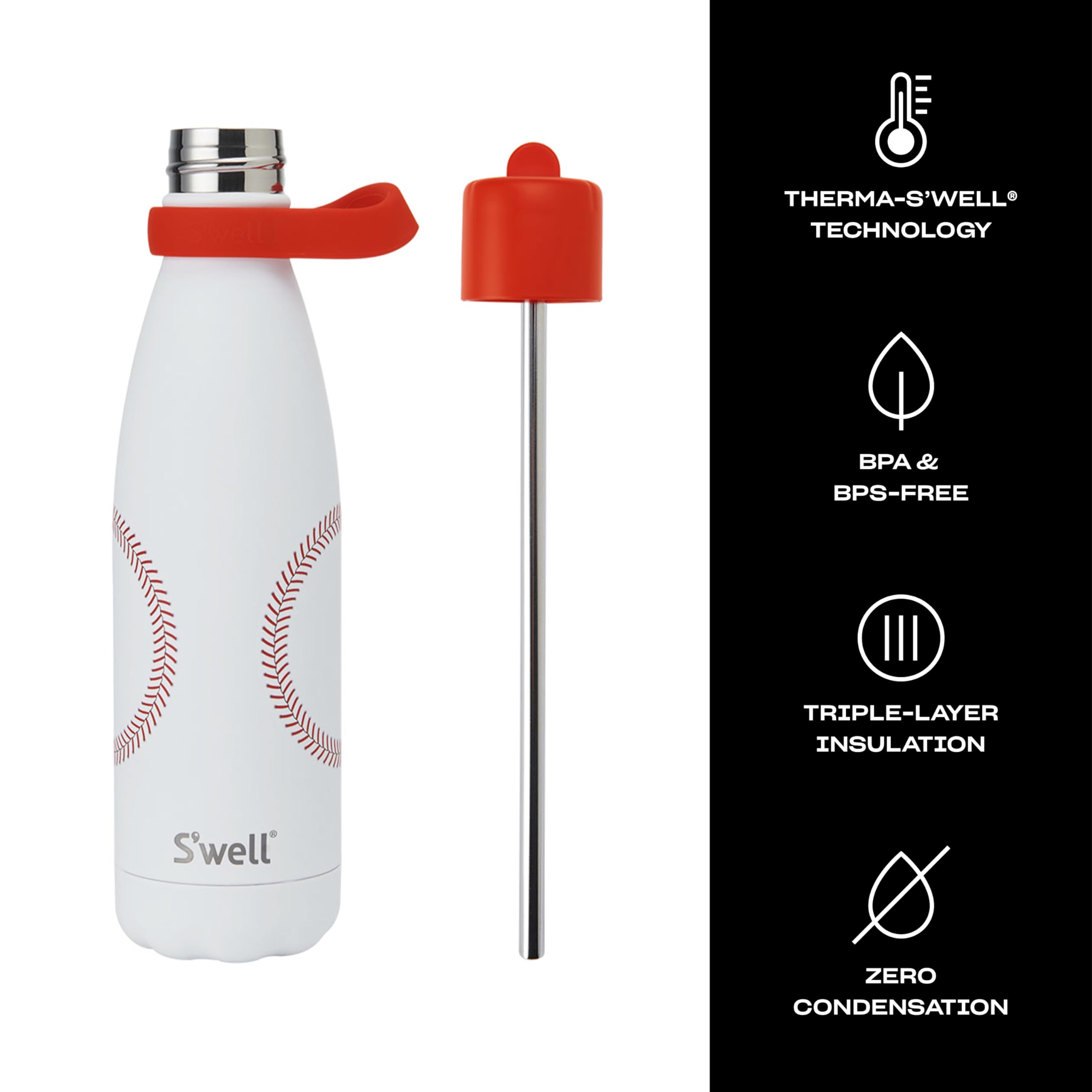 S'well Botella de agua de acero inoxidable con tapa abatible y asa, 17 onzas, Home Run, recipientes aislados al vacío de triple capa que mantienen las bebidas frías durante 36 horas y calientes