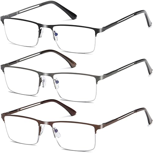 for Men Blue Light Blocking Reading Glasses, Half Frame Metal Readers with Spring Hinge, 3-Pack