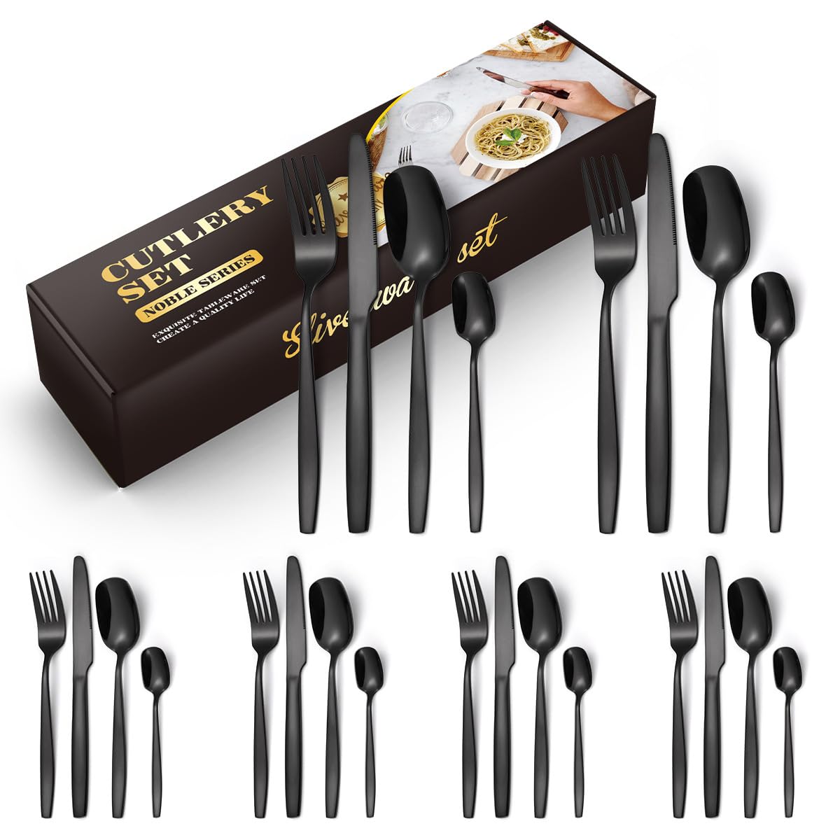 GUYANA24-Piece Flatware Set, 18/8 Stainless Steel Dining Utensils Service for 6, Mirror Polished Tableware Cutlery Set for Home and Restaurant, Dishwasher Safe (Black)