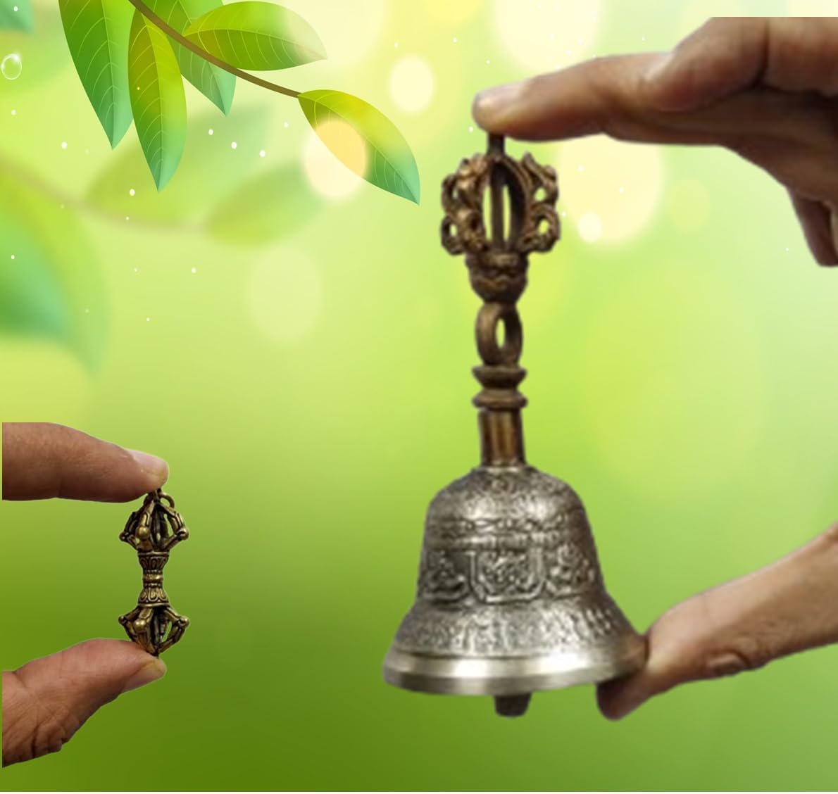 Purpledip Bell Metal Tribhu (Ghanta, HandBell, or Bell) & Brass Miniature Vajra (Dorje or Thunderbolt): Buddhist Tibetan Prayer Meditation Set (11995A)
