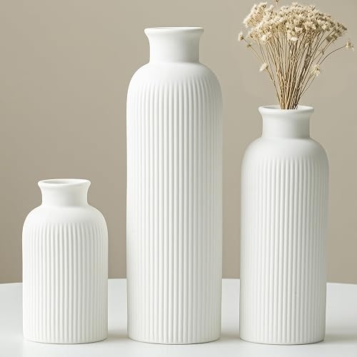 Modern Ceramic Vase Set, White Ribbed Matte Design, 3-Piece Decorative Vases for Home, Living Room, Office (White)