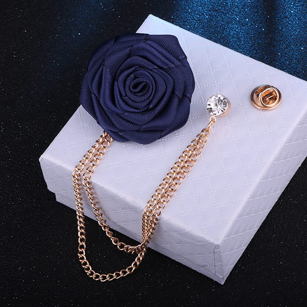 Fashion Bridegroom Wedding Brooches Cloth Art Hand-Made Rose Flower Brooch Lapel Pin Badge Tassel Chain Men's Suit Accessories (Navy blue)