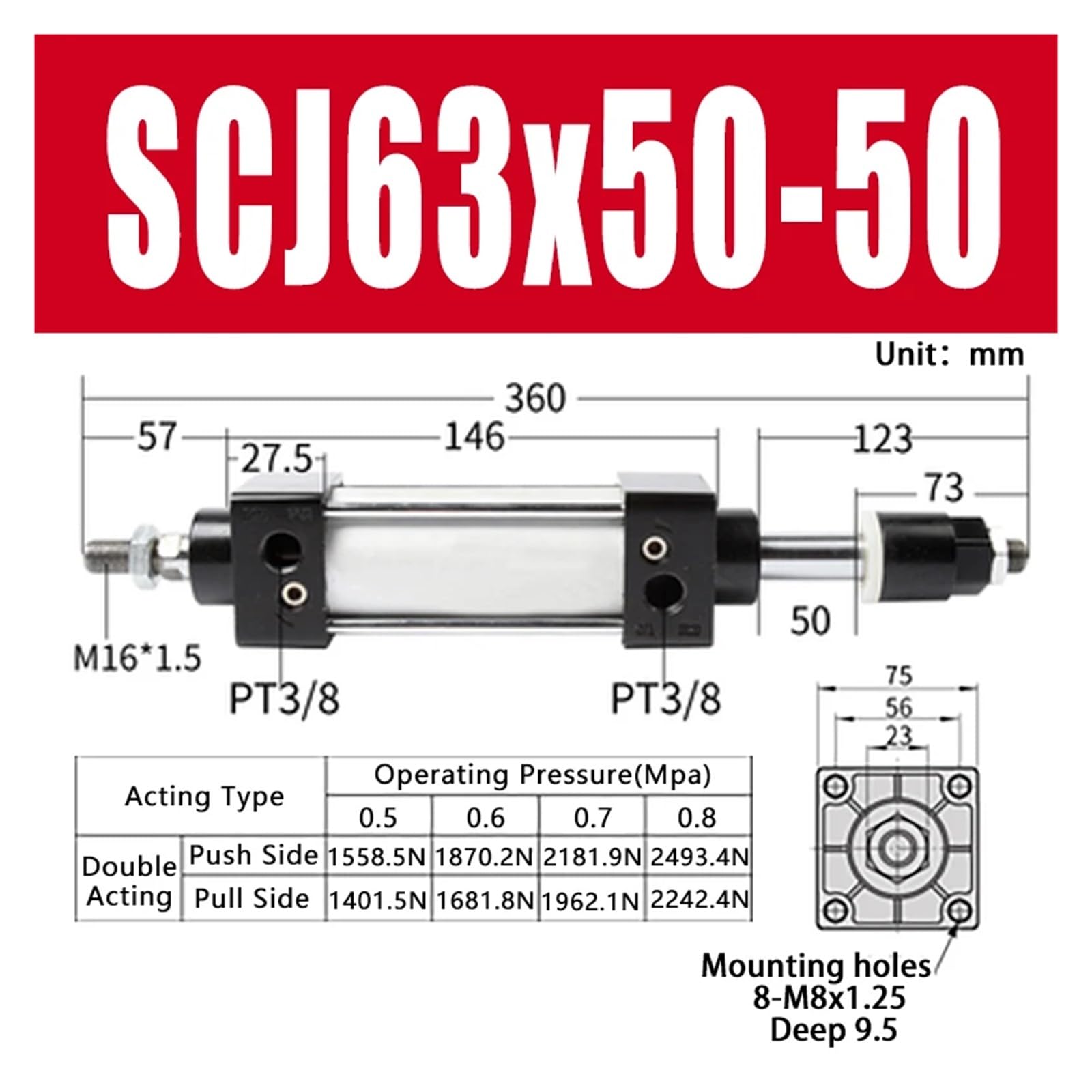 63x50-50 Standardowy otwór cylindra 63 mm dwustronnego działania regulowany skok 50 mm duży ciąg (SCJ63x50-50)