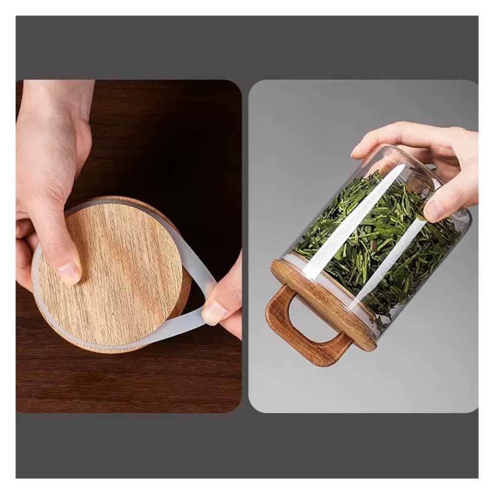 Tee-Vorratsglas, Transparente Tee-Aufbewahrungsbehälter aus Glas, mit luftdichtem Holzdeckel und Griff(750ML)