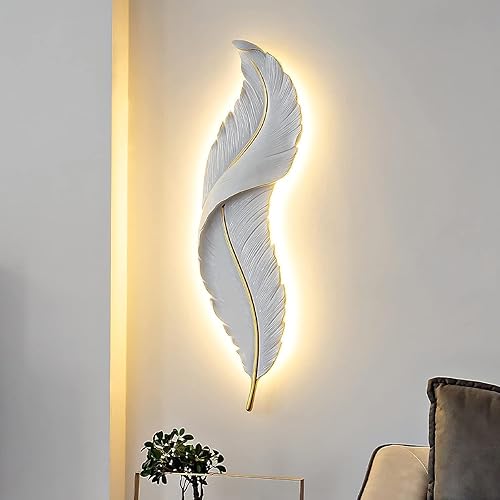 Miniatura 3 de DJAMEL  Aplique de pared creativo, luz de pared decorativa de plumas de resina blanca, lámpara LED para interiores, sala de estar, dormitorio,
