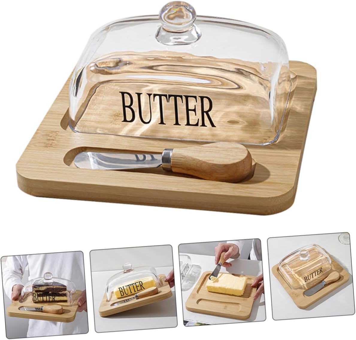 Uonlytech Butter Dish with Glass Dome Lid and Cutter Nordic Style Butter Storage Container for Refrigerator and Countertop Preserve Freshness Cheese Desserts and Snacks Reusable Serving Tray