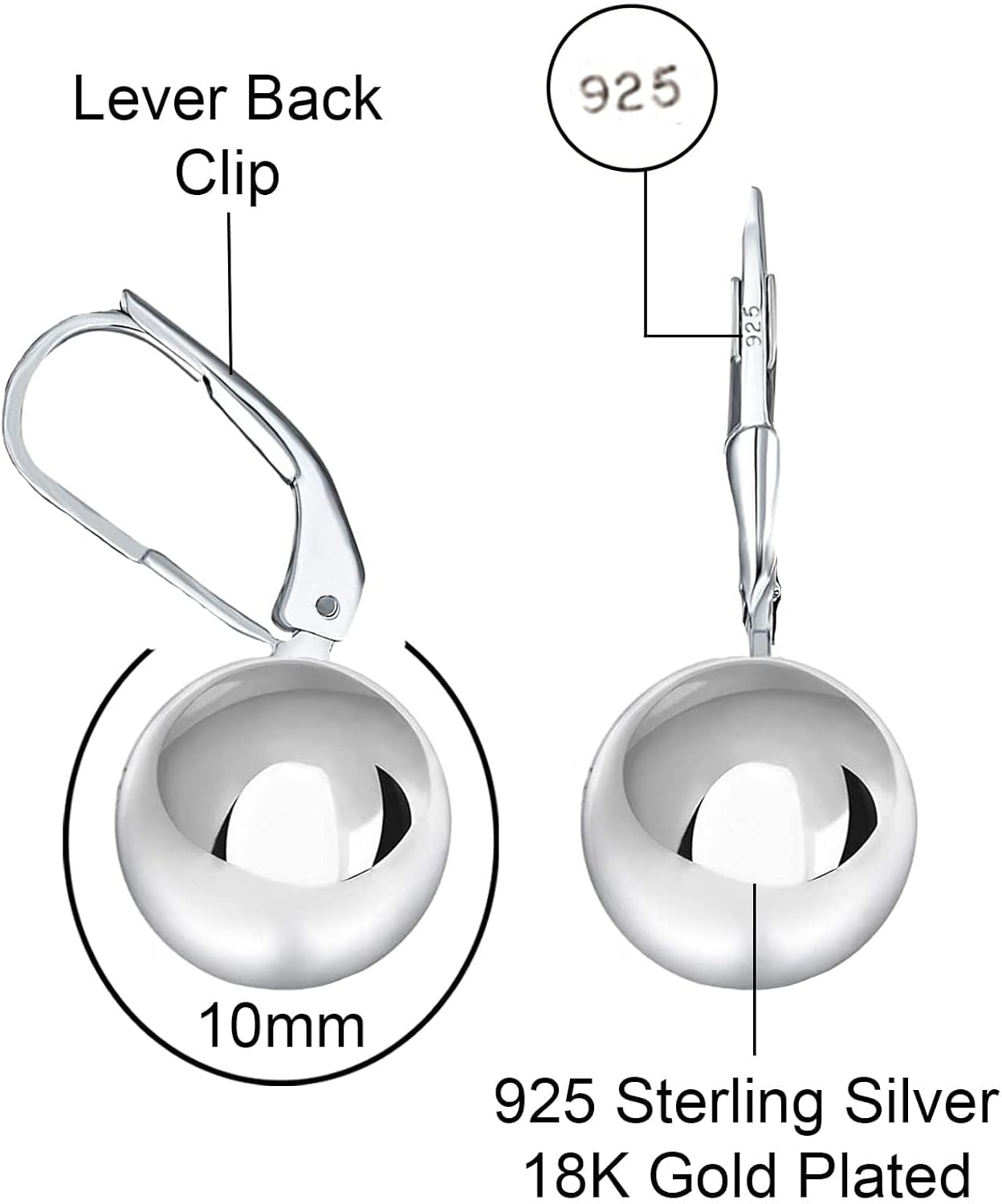 Savlano 925 Sterling Silver Classic Leverback Round Bead Ball Drop Earrings - 18K Gold Plated Bead Ball Earrings for Women Available in 6MM, 8MM, 10MM, 12MM - Made in Italy Comes With Savlano Gift Box