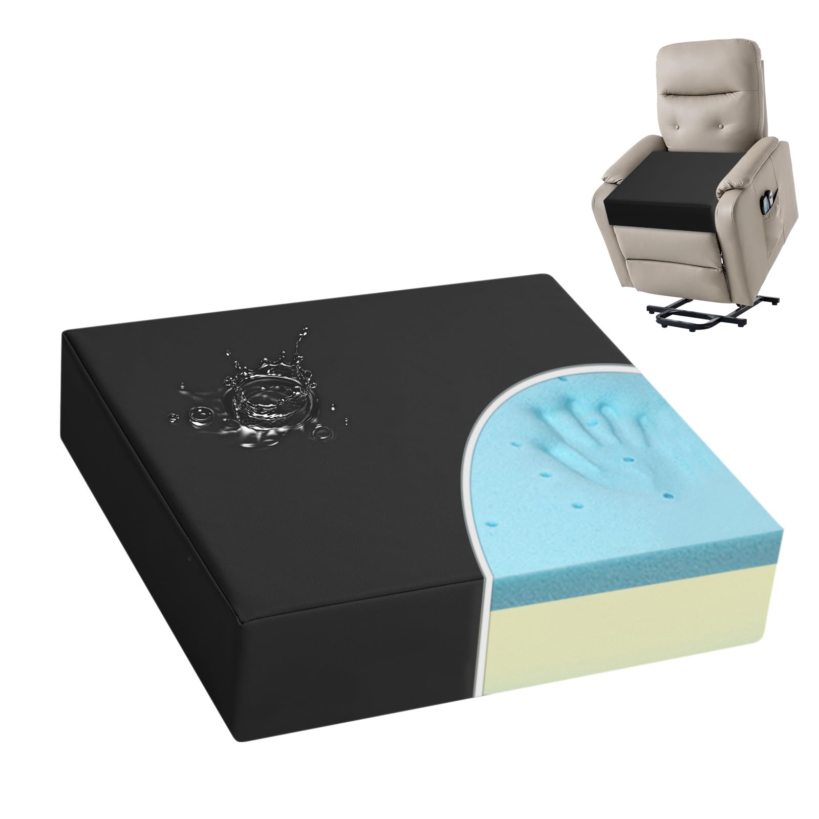 Shinnwa Gel Memory Foam Recliner Cushion for Elderly, Waterproof Faux Leather Chair Pad, Dual-Layer Foam Seat Cushion for Couch, Armchair, Wicker Chairs, Floor, 20 × 20 × 5in, Black