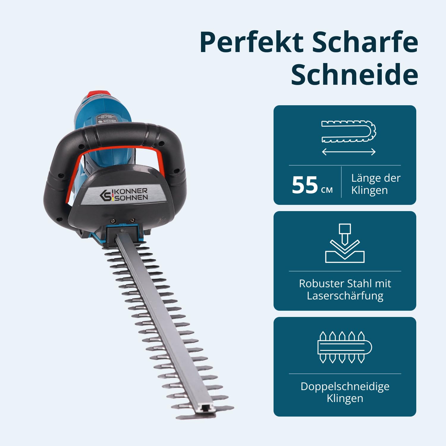 Akku-Heckenschere KS HT-20V, Nennspannung 20 V, Leerlaufgeschwindigkeit 1550 Hübe pro Minute, Schnittlänge 22” (55 cm), Maximaler Schnittdurchmesser 16 mm