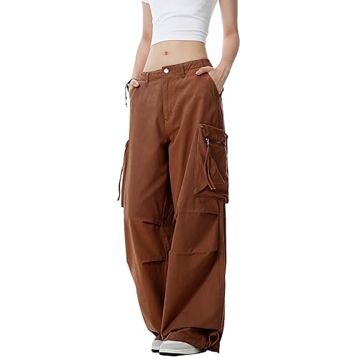 WZIKAI Womens Parachute Cargo Pants Y2K Baggy Cargo Pants Wide Leg Casual Joggers with Pockets
