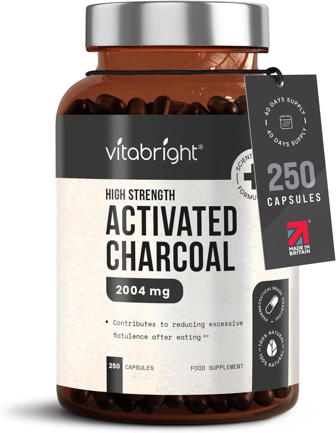 Activated Charcoal Capsules 2000mg - 180 Capsules - Vegan & Natural - Activated Charcoal Tablets Alternative - Digestion Supplement for Gut - Reduces Excessive Flatulence After Eating (EFSA)