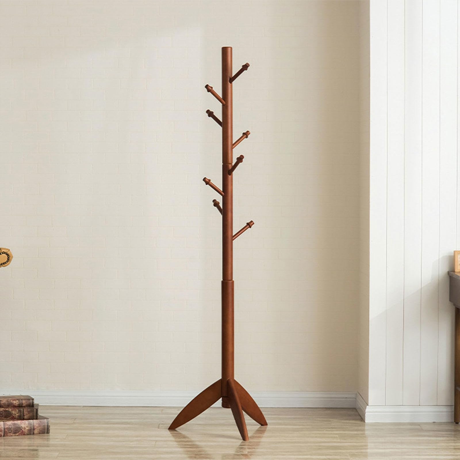 Stabiler Garderobenständer aus Holz Freistehender Garderobenständer mit 10 Haken, Garderobenständer für Den Flureingang, Hutständer für Kleidung,Walnut Color