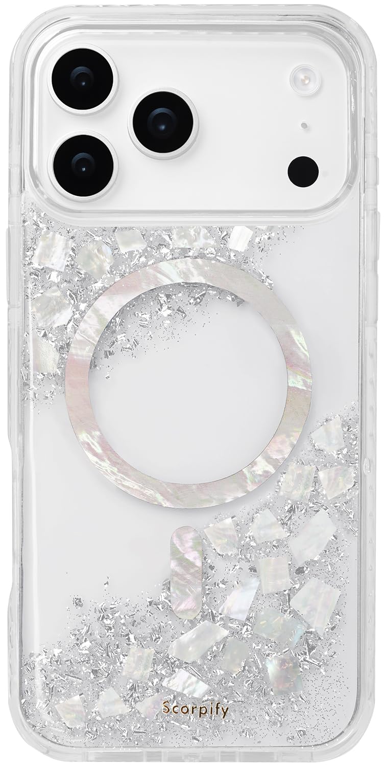 SCORPIFY Funda Compatible con iPhone 17 Pro [Compatible con MagSafe] con Brillo Perlado Brillante, Funda magnética Transparente para Mujeres, diseño de láminas Plateadas Brillantes y nácar