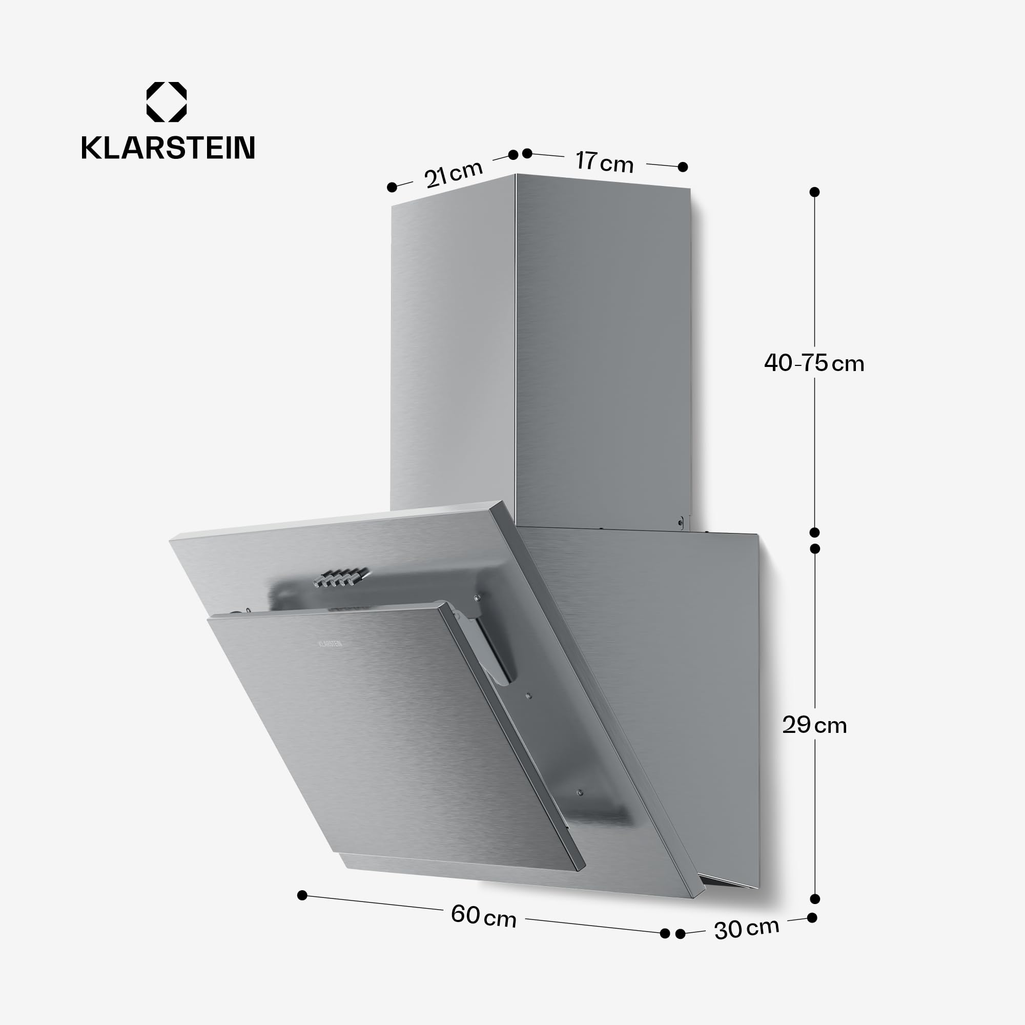 Klarstein Athena Campana Extractora 60 cm - Angular, 254 m³/h, A+++, LED, 3 Velocidades, Filtro Carbón, Recirculación & Extracción, Campana Extractora Decorativa Cocina, Acero inoxidable