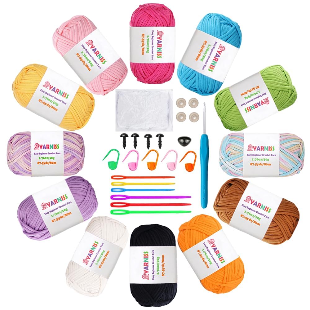 Yarniss Easy Crochet Yarn for Beginners, 12x50g Crochet Yarn Kits with Easy-to -See Stitches, Multicolor Cotton Yarn for Starter