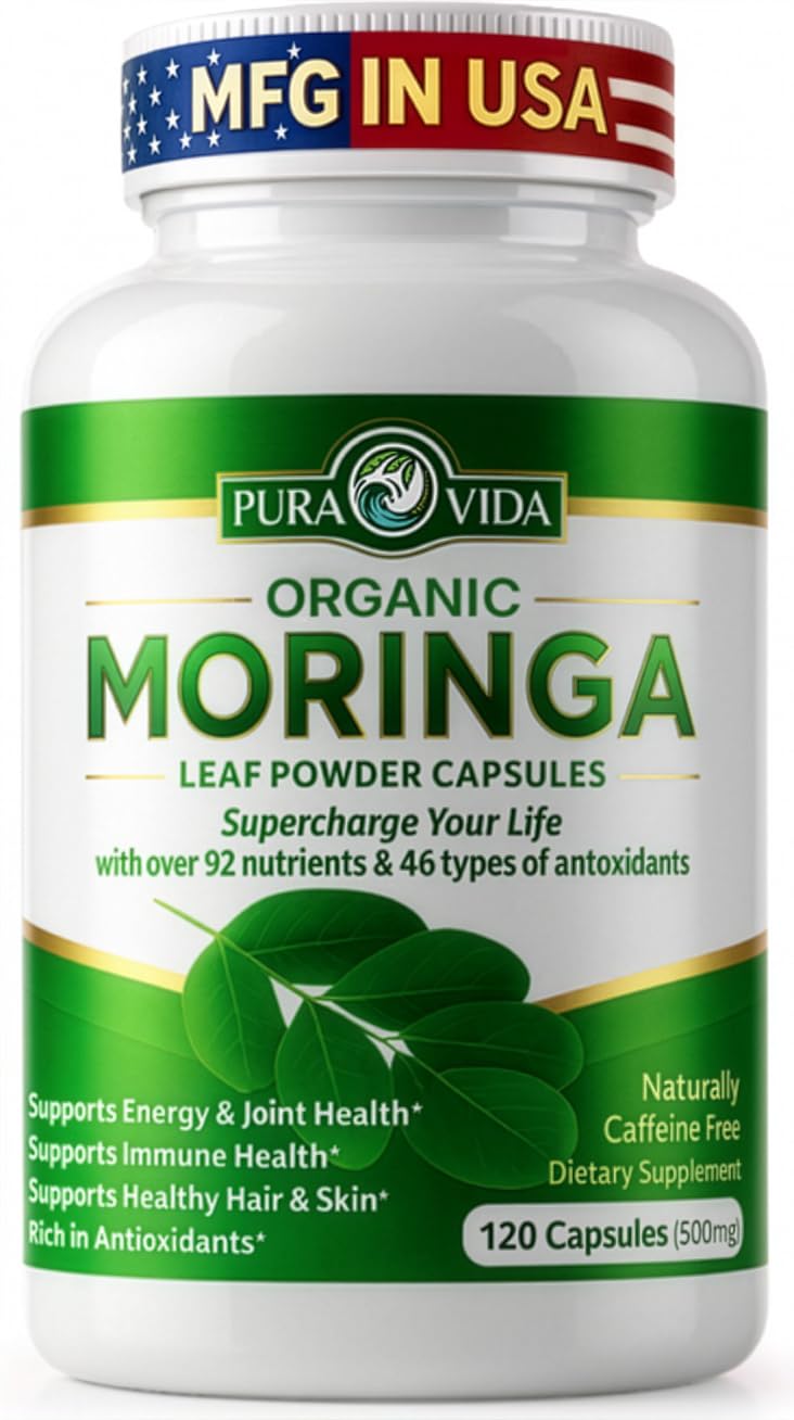PURA VIDA MORINGA Capsules Single Origin Moringa Powder Organic. Pure Moringa Leaf. Energy, Metabolism, & Immune Support. 120ct. 500mg Caps.
