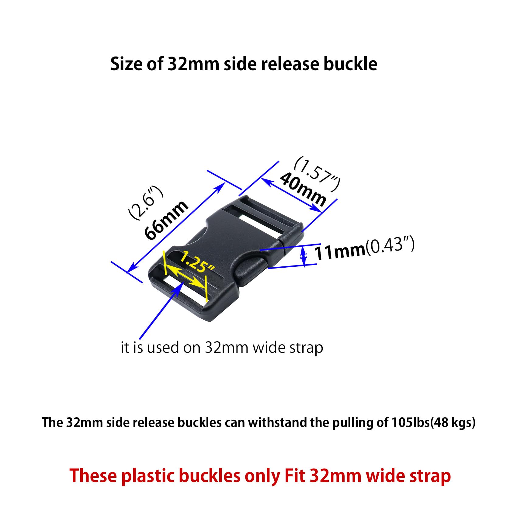 Ahijklmn Plastic Buckles,Plastic Side Release Buckle clips + Tri Glide Slides Heavy Duty Strap Replacement Buckle Clips Snap Sliders for Backpack (32mm - Image 3