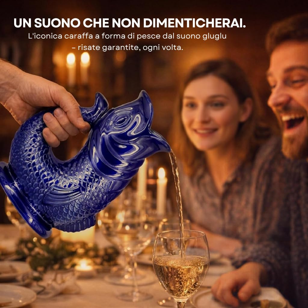 The Bubble Jug Brocca Acqua Blu Cobalto Scuro da 1,5 l Caraffa Acqua e Cocktail Extra Large a Forma di Pesce Brocca Ceramica Decorativa per Cocktail, Acqua, Gin - Brocca Gorgogliante