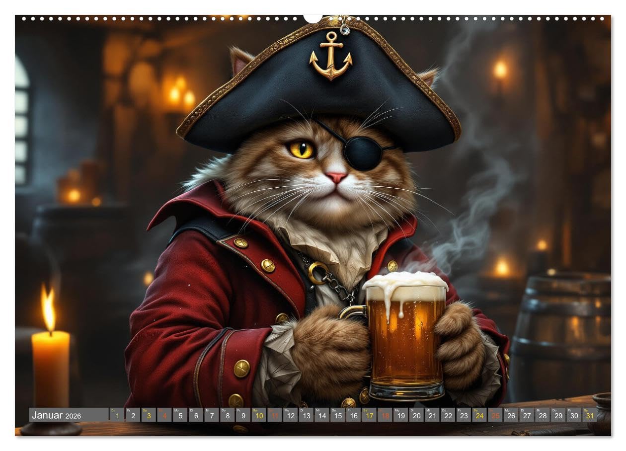 Piratenkatzen- Samtpfoten auf Kaperfahrt (Wandkalender 2026 DIN A2 quer), CALVENDO Monatskalender: Die Abenteuer der Piratenkatzen. (CALVENDO Tiere)