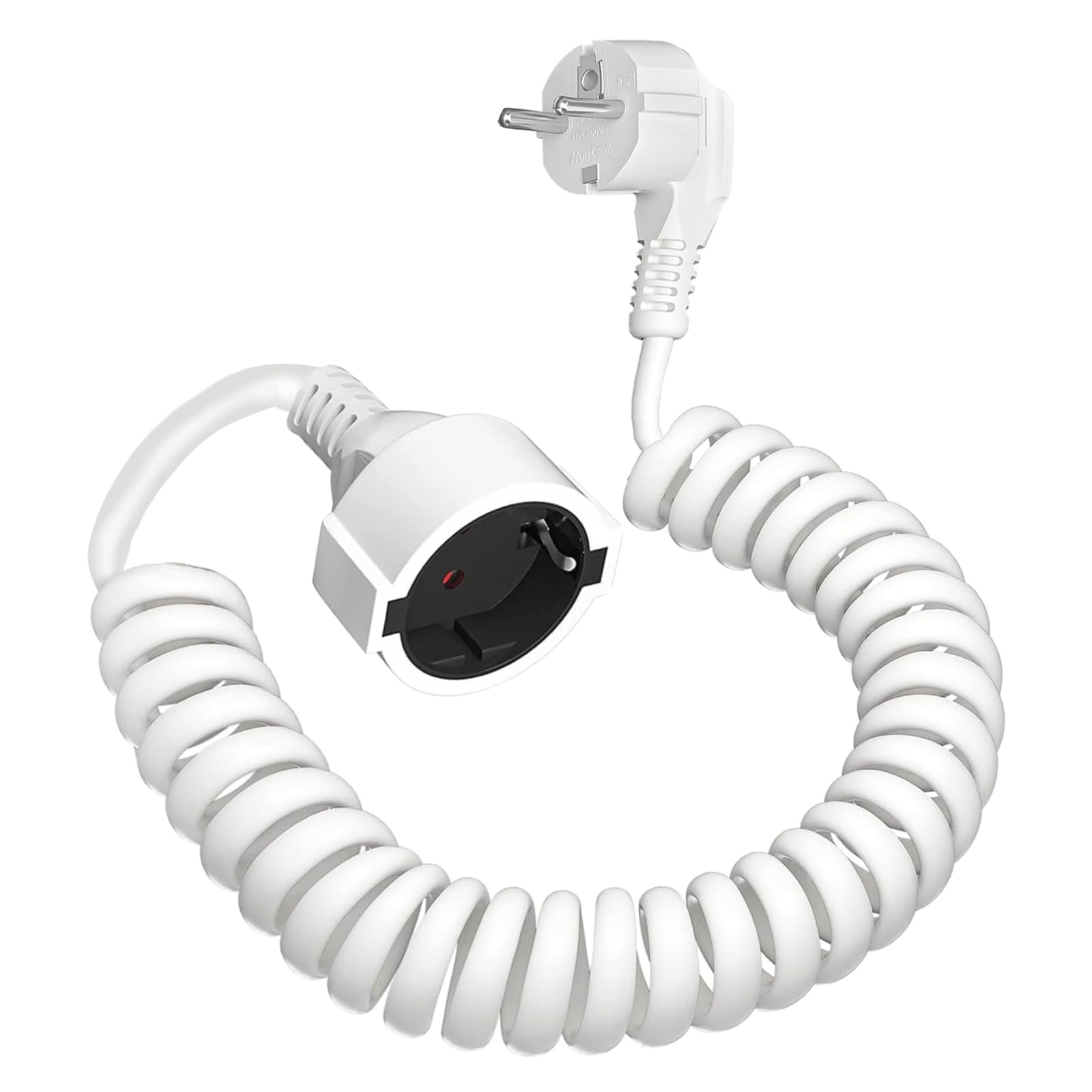 Schutzkontakt Verlängerung, Spiralverlängerung dehnbar von 0,66 m bis 3 m Max, IP20 Verlängerungskabel, Verlängerung(250V/16 A), Spiral-Kabel mit Schuko Stecker & Kupplung, weiß