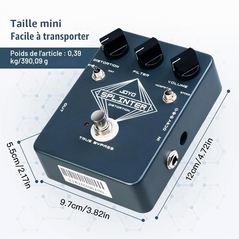 JOYO Pédale d'effet Distorsion Analogique, commutateur FAT/MOSFET avec contrôles DISTORTION/FILTER/VOLUME, True Bypass (SPLINTER JF-21)