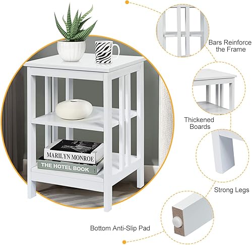 Miniatura 16 de Giantex Mesita de noche de 3 niveles, mesa auxiliar moderna con estantes de almacenamiento y barras reforzadas, mesas de noche versátiles, mesa