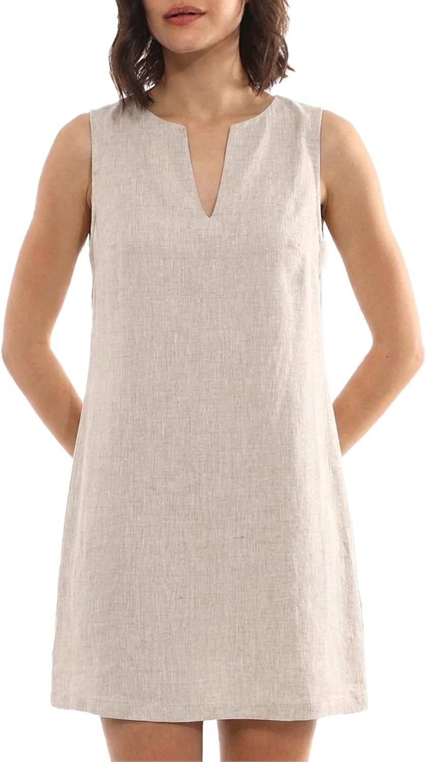 Amazhiyu Womens 100% Linen Summer Mini Shift Dress V Neck Fl