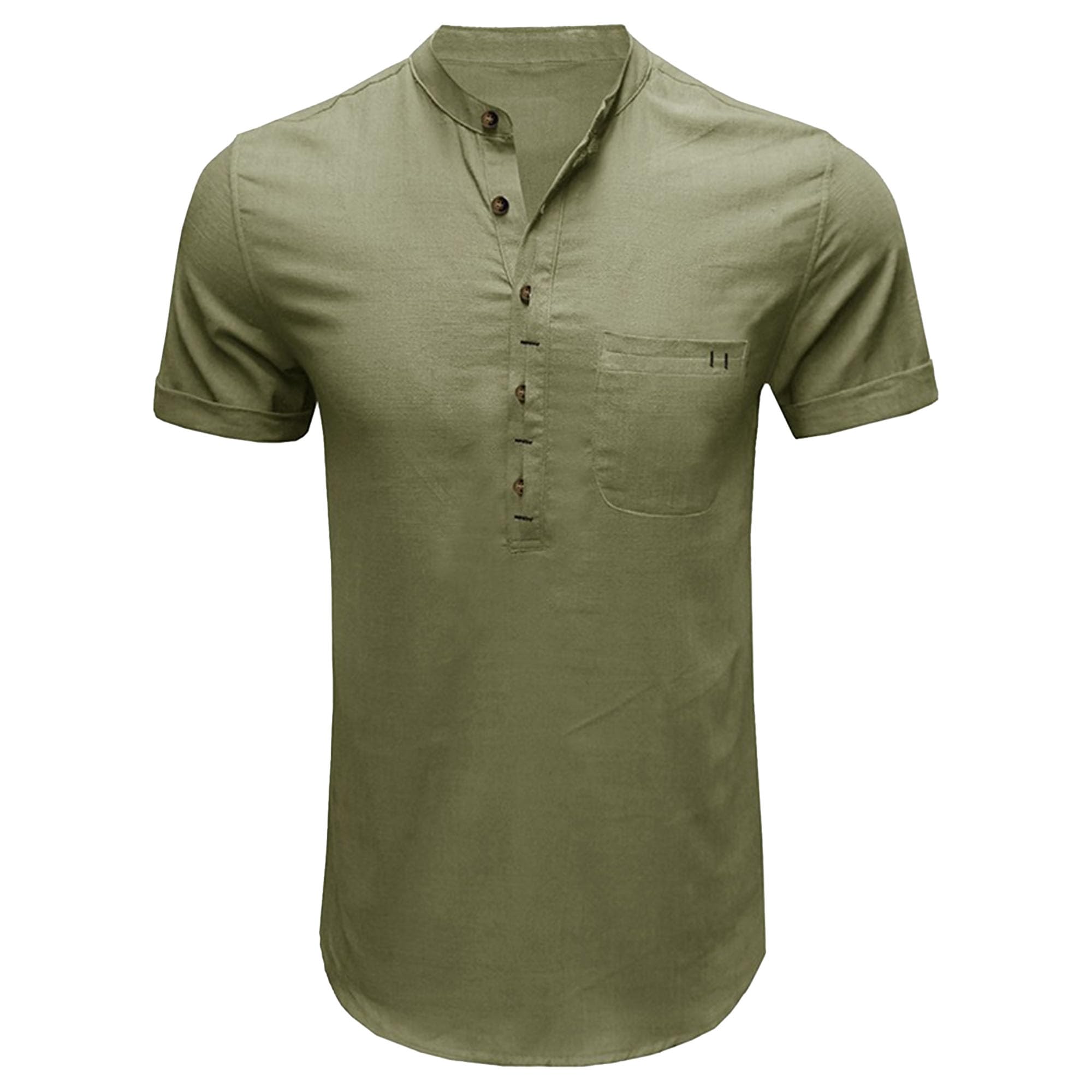 Men Henry Collar Solid Short Sleeve T Shirt Quarter Button Daily Style Shirts Summer Loose Breathable Pullovers Top (Navy Green,Large)