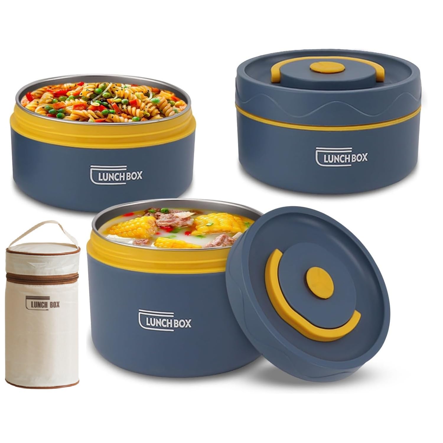 Tissting 3 Pcs Food Flasks for Hot Food, 420ml/550ml Soup Flask Thermal Lunch Containers Stainless Steel Insulated Food Jar with Lunch Bag