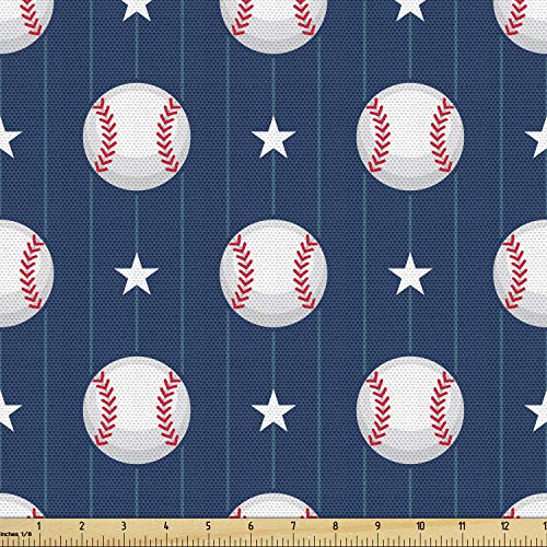 Ambesonne Sports Fabric by The Yard, Baseball Patterns on Vertical Striped Background Stars Design, Decorative Fabric for Upholstery and Home Accents, 1 Yard, Red Blue