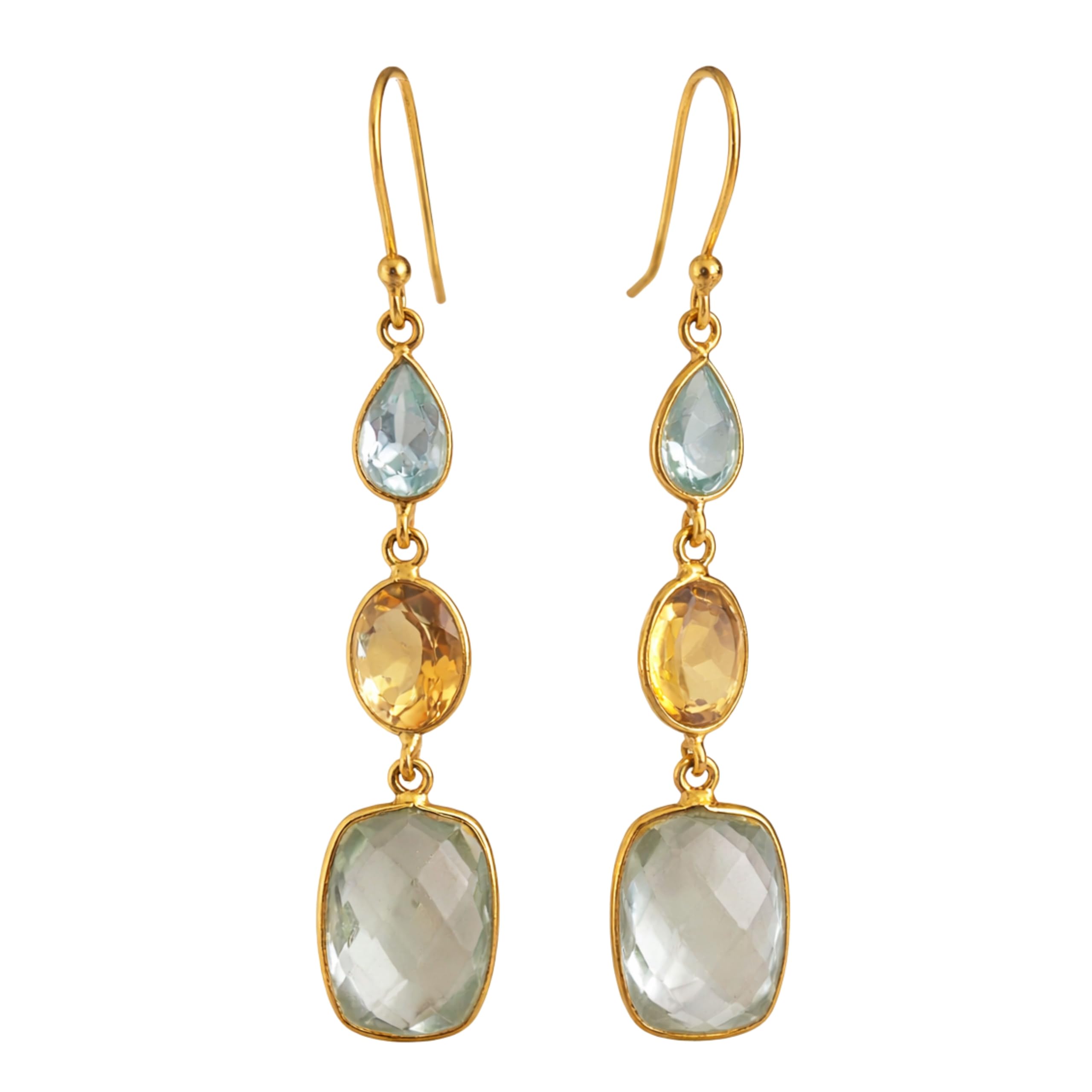 Blautopas, Citrine und Gruner Amethyst Ohrringe Natürlicher Edelstein | Gold plattiert 925 Sterling Silber Ohrhaken Geburtstagsgeschenk - Handgefertigte Geschenkideen für Frauen