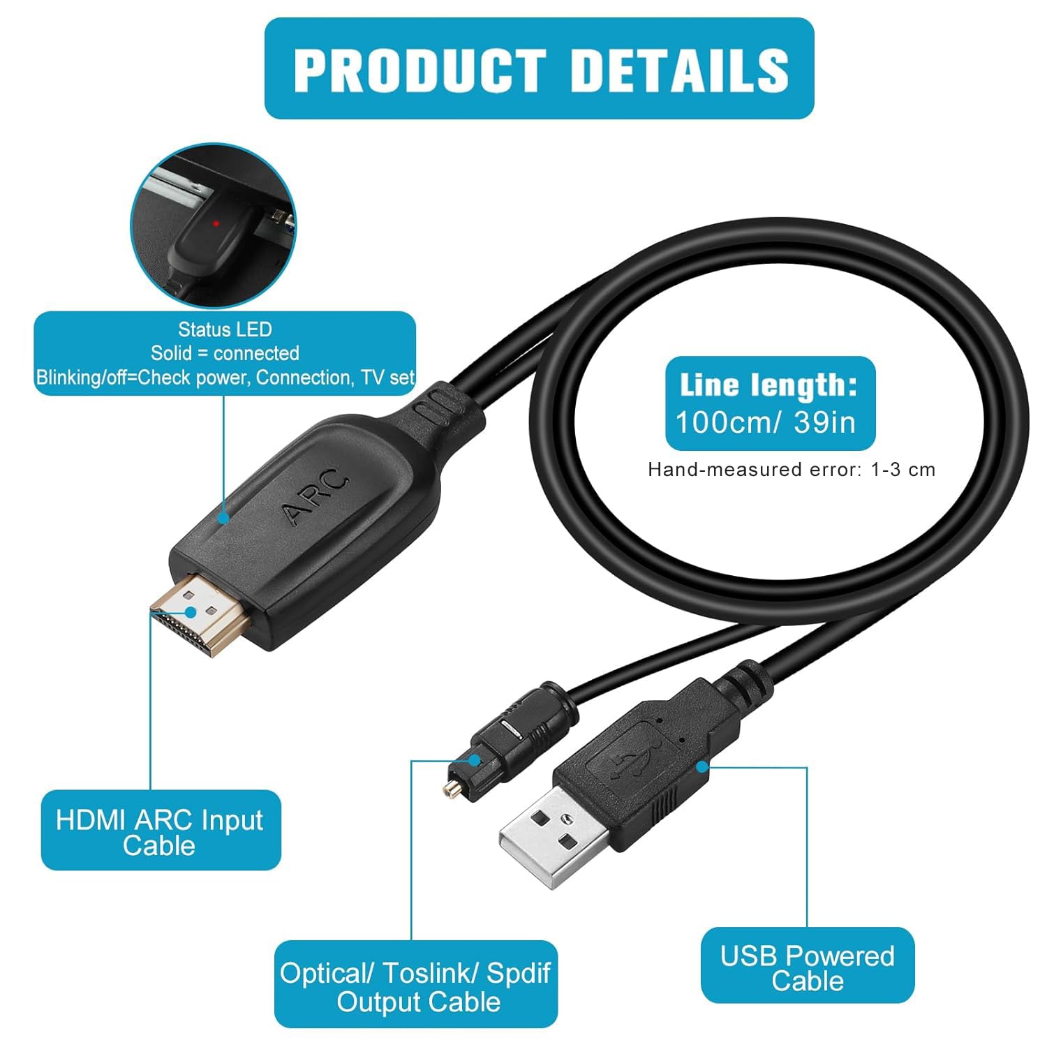 UNSTINCER HDMI ARC a Ottico Convertitore Cavo 115 cm/45", Audio Estrattore | Digitale Converter 192 kHz 24 bit supporta Dolby DTS 5.1 PCM 2.0, Adattatore per TV HDTV Amplificatore Casse Box Speaker