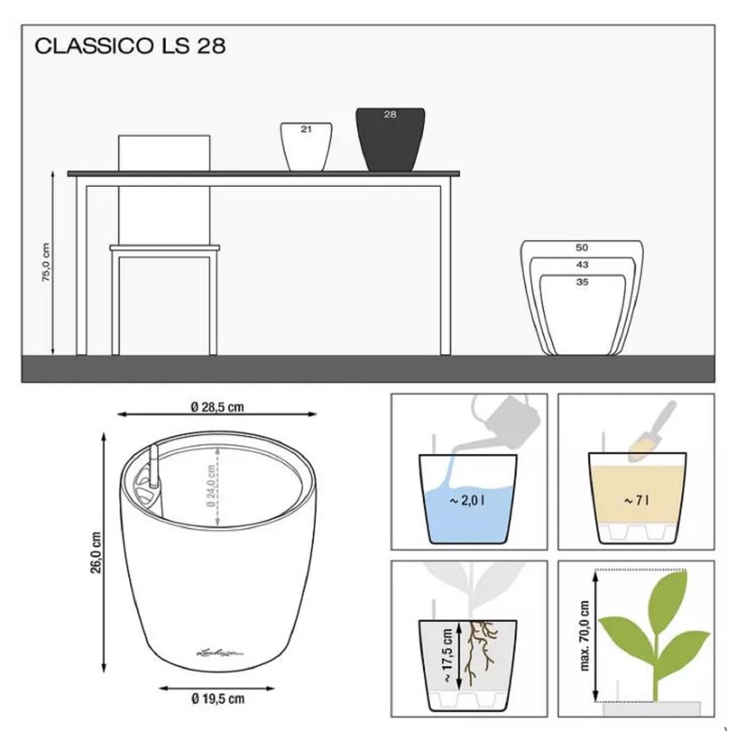 LECHUZA - Donica na rośliny Classico Color LS łupkowa szara z systemem nawadniania, Ø 28 × 26 cm|14271