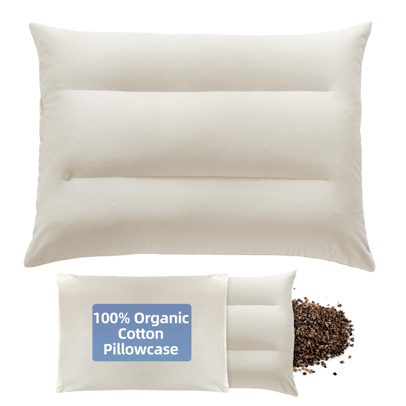 LOFE Buckwheat Pillow - 20''x26'' buckwheats Hull Pillow with Baffle Box for Support, Adjustable Tartary Buckwheats Pillows with Organic Cotton Pillowcase for Sleeping, Organic Buckwheat Neck Pillow