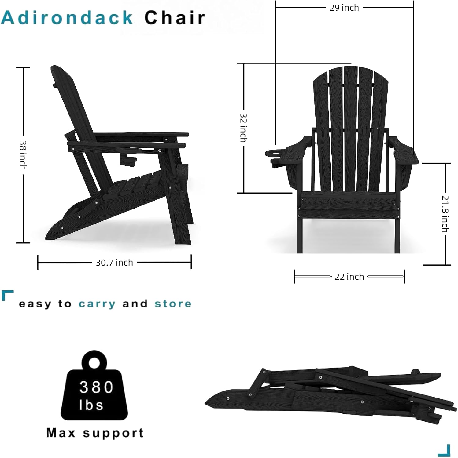 Folding Adirondack Chair Set of 2，Wooden Textured Fire Pit Chair with Cup Holder, Heavy All-Weather HDPE Plastic Outdoor Patio Chairs for Poolside Backyard Patio Outdoor Garden