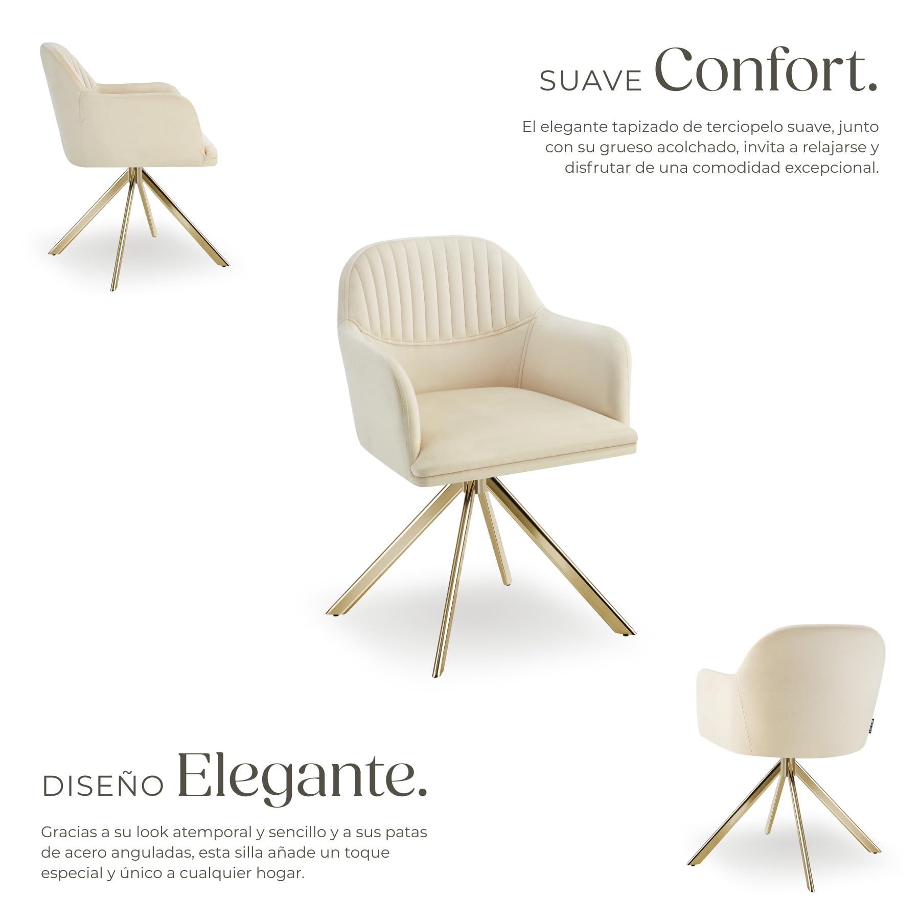 tectake® Silla Giratoria Tapizada con Respaldo Continuo, Patas de Acero Giratorias 360º, Silla Dormitorio, Butacas de Salon, Sillas Comedor, Silla Comedor Nordica - 1 Silla Crema/Oro