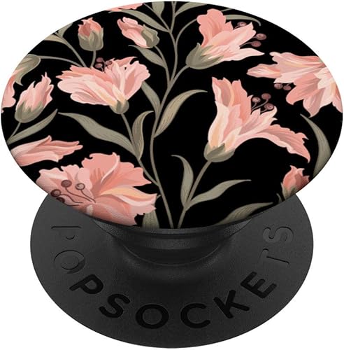 Negro Base Rosa Flor Vintage Floral Patrón PopSockets PopGrip Agarre intercambiable para teléfonos y tabletas