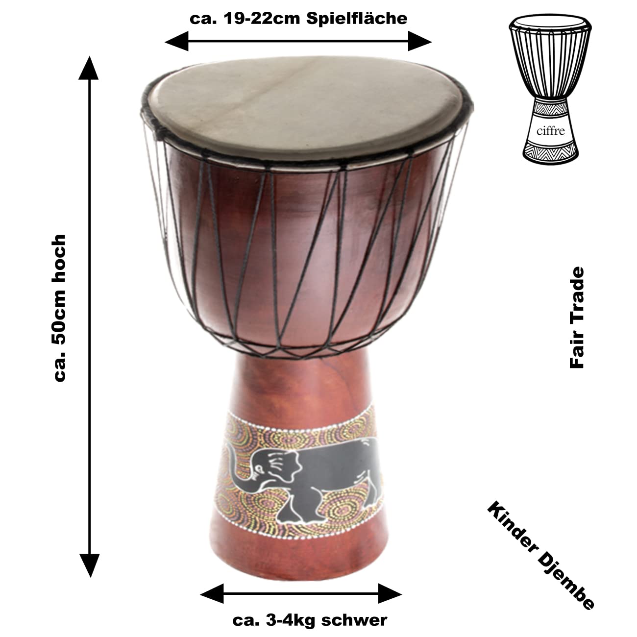 50cm Anfänger Djembe Trommel Bongo Drum Holz Bunt Elefant Afrika