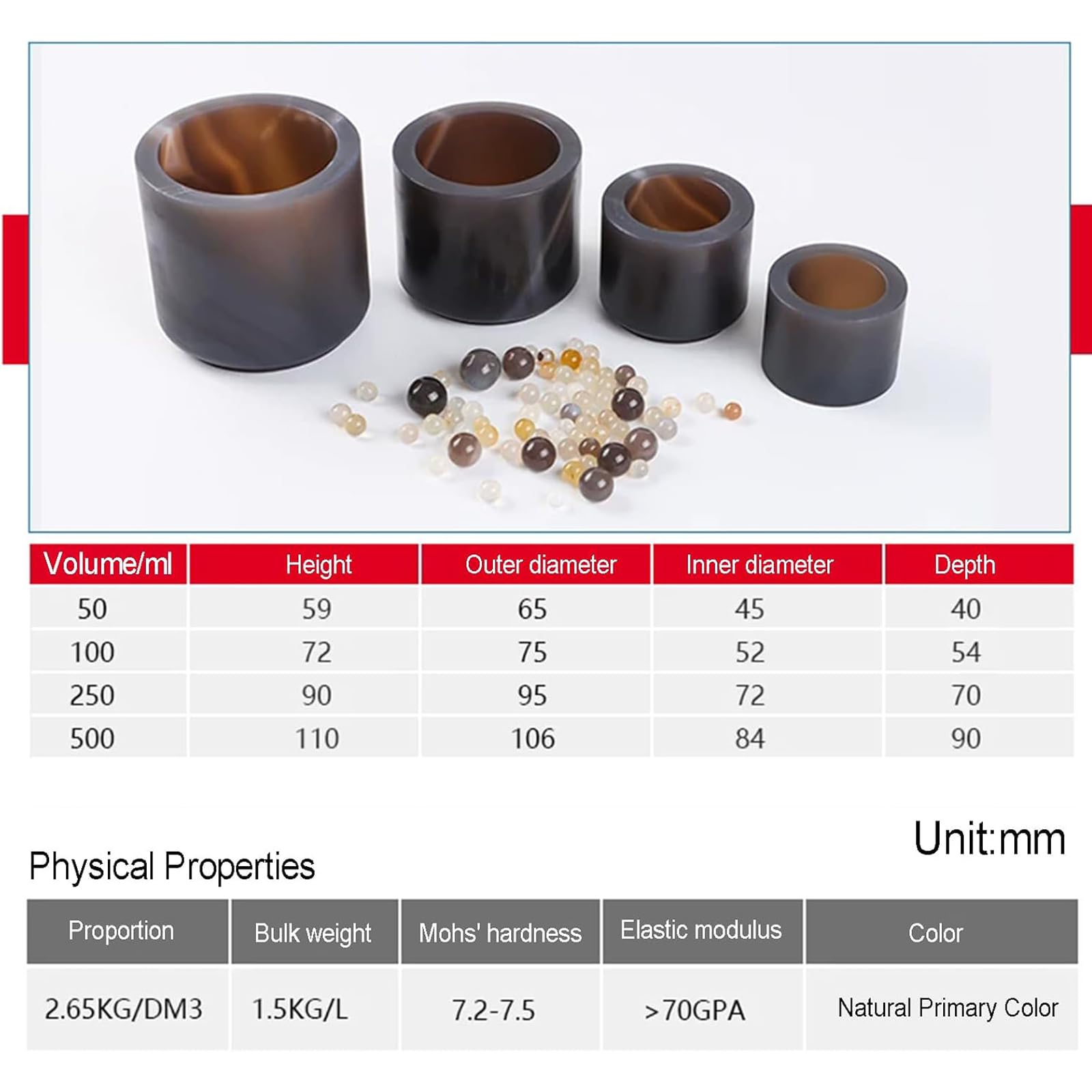 Planetenkugelmühlen-tankset, Mahlgefäß Aus Naturachat Mit Mahlkugeln Und Dichtungsring, Mohs-härte 7,2–7,5, Frei Von Verunreinigungen, Ideal Für Den Laboreinsatz. 250ml